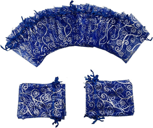 100pcs Sheer Organza Favor Bags For Wedding Baby Shower Rattan Print Gift Bags Samples Display Drawstring Pouches (3.5x4.5 inch, blue)...