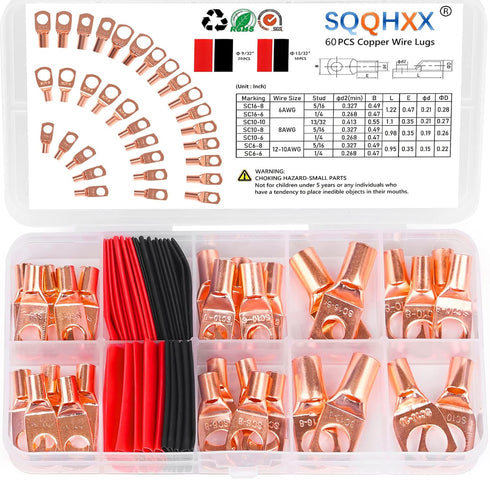 Copper Wire Lugs AWG12 10 8 6 Gauge Wire Connectors, SQQHXX Heat Shrink Set, with 30Pcs Battery Cable Ends Ring Terminals Connectors and 30Pcs Hea...
