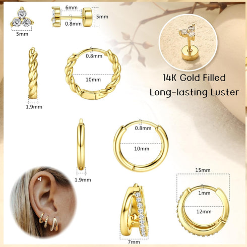 BESTEEL 4 Pairs Gold Silver Hoop Earrings Set for Women Small 14K Gold Filled Dainty Cartilage Huggie Earring Set for Multiple Piercing Hypoallerg...