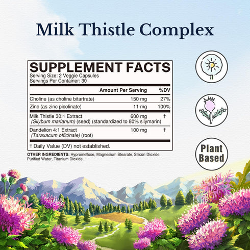 VITALITOWN Milk Thistle Complex | 30X Extract & Std. 80% Silymarin | Choline + Dandelion Root + Zinc | Superior Liver & Antioxidant Support | Vega...