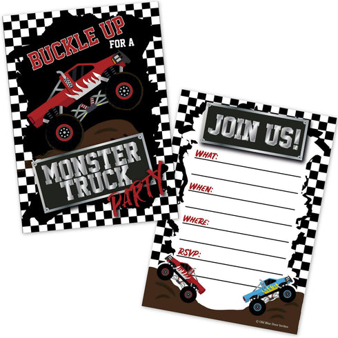 Monster Truck Birthday Party Invitations for Boys (20 Count with Envelopes) - Kids Truck Rally Invites - Monster Truck Party Supplies...