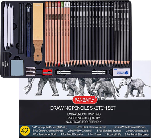 PANDAFLY Drawing Sketching Pencil Set, 42 Pack Pro Art Pencil Kit with Graphite Pencils (14B-4H), Charcoal Pencil, Ideal for Shading, Blending, Dr...