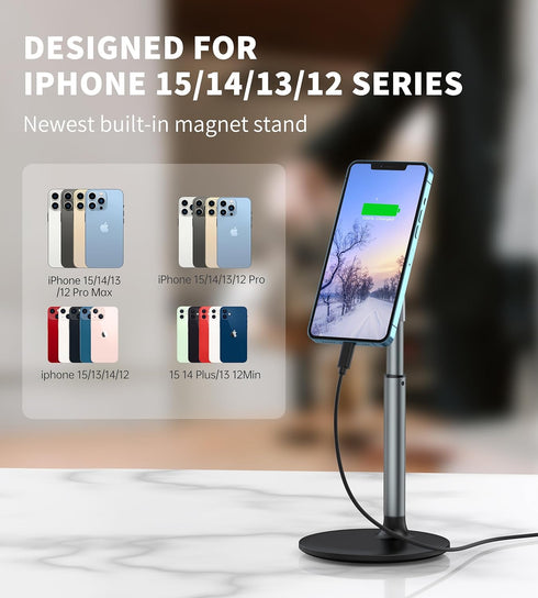 Magnetic Desk Phone Stand for iPhone 15 /14/13/12 - Phone Holder Dock with 360°Rotation, Height&Tilt Adjustable for Office/Home Compatible with iP...