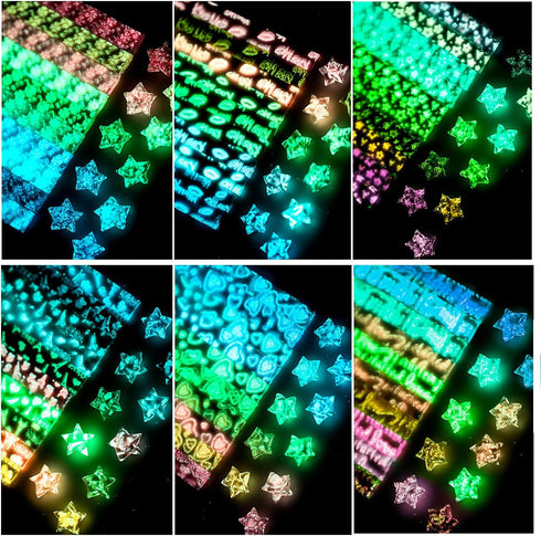 1260 Sheets Luminous Origami Star Paper Strip with 6 Patterns Glow in Dark Folding Stars Paper Lucky Stars Paper for DIY Handmade Crafts Paper Sta...