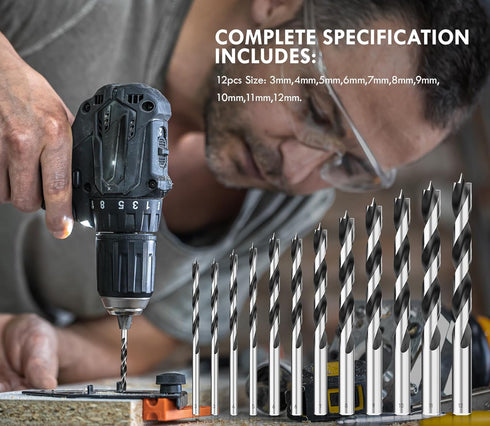 Metric Brad Point Wood Drill Bit Set, 12Pcs Drill Bit Set with Double Flutes Design for Carpenter Woodworking and All Types of Wood (3mm - 12mm)...