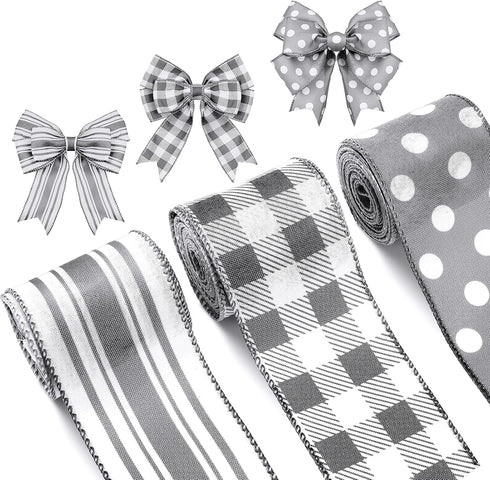 Grey Wired Edge Ribbon Plaid Ribbon 3 Rolls 2.5 Inch Farmhouse Ribbon Buffalo Check Gray Ribbon Polka Dot Striped Ribbon Buffalo Plaid Ribbon Wire...