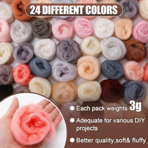 72pcs 7.6 oz Needle Felting Wool- 24 Colors Nature Wool Roving Yarn for Beginners Hand Spinning Felting Supplies, 3g/Pack...