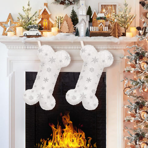 Malier Pet Dog Christmas Stocking, Xmas Luxury Faux Fur Large Bone Shape Hanging with Silver Snowflakes Sequin Decorations Pets Christmas Stocking...