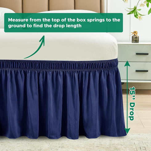 Biscaynebay Wrap Around Bed Skirts for Queen Beds 15" Drop, Navy Adjustable Elastic Dust Ruffles Easy Fit Wrinkle & Fade Resistant Silky Luxurious...