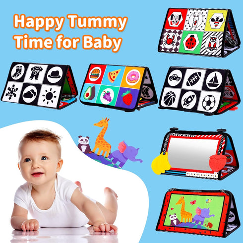 Baby Tummy Time Toys with Mirror, Books, Teethers - For 0-12 Months with High Contrast, Montessori Crawling Toys for Boys & Girls...