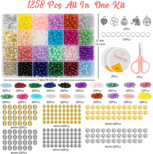 Newlibery 1258Pcs 6mm Glass Beads for Bracelet Making Kit,20 Colors Crystal Jewelry Bead,Craft DIY Set with Elastic String,Charms,Rings,Gift for G...
