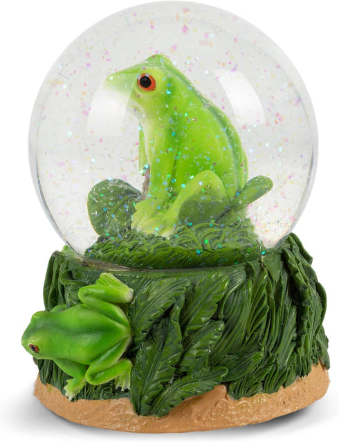 Elanze Designs Playful Green Tree Frog Tabletop Figurine Forest Hopping Log Leaves 100MM Sturdy Glitter Water Wind Up Musical Snow Globe Plays Tun...