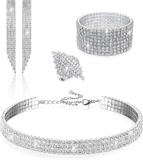 PHOGARY Women Rhinestone Jewelry Set with Rhinestone Stretch Bracelet Bangle Crystal Rhinestone Necklace Ring Dangle Fringe Earrings for Women Cos...