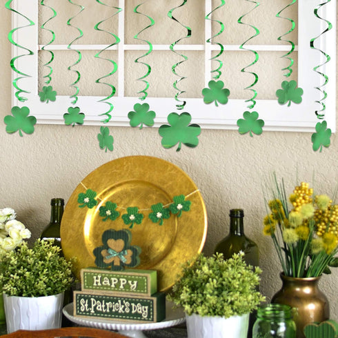 St.Patrick’s Day Hanging Shamrock Swirls Decorations(30Count), Konsait Lucky Irish Green Shamrock Foil Swirl for Home Party Ceiling Window Wall De...
