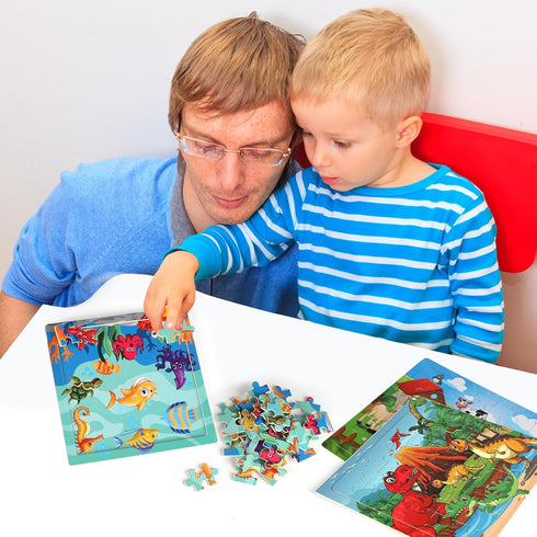 Wooden Puzzles Toys for Kids Ages 3-5, Set of 3 Packs with 36-Piece Wood Jigsaw Puzzles, Dinosaur, Farm and Ocean Theme. Ideal Gifts for Boys and ...