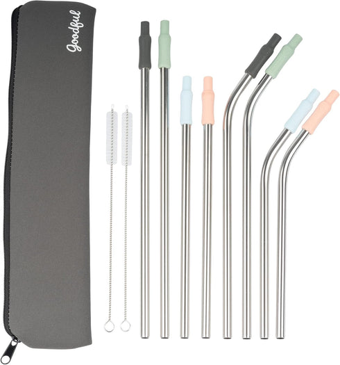 Goodful 8 Piece Variety Pack Reusable Travel Stainless Steel Straw Set, Travel Case, Cleaning Brushes, Removeable Silicone Tips, Multi Color...