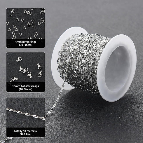32.8 Feet Silver Stainless Steel Chain Roll Lip Link Chains 4x2mm Silver Necklace Chain with Jump Rings Lobster Clasps Choker Cable Chains for DIY...