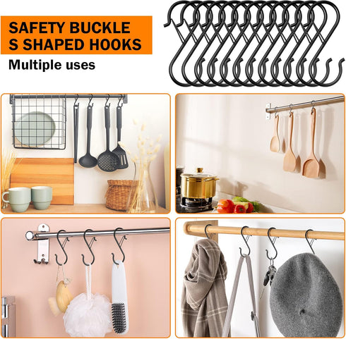 12Pcs S Hooks Hanging Safety Buckle - 3.5 inch Heavy Duty S Hooks,Hanging Plants for Closet Hooks, Clothes, Kitchen Utensil, Pots and Pans, Bags (...