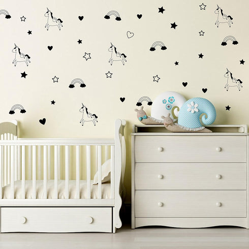 Unicorn Rainbow Star Heart Wall Decal,Removable Vinyl Wall Stickers for Baby Kids Boys Girls Bedroom Nursery Decor A13 (Black)...