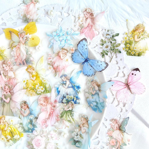 Flower Fairy Stickers Set - 160 Pcs Transparent PET Aesthetic Floral Stickers for Crafts, Envelopes, Resin, Junk Journal - Waterproof Clear Cute B...