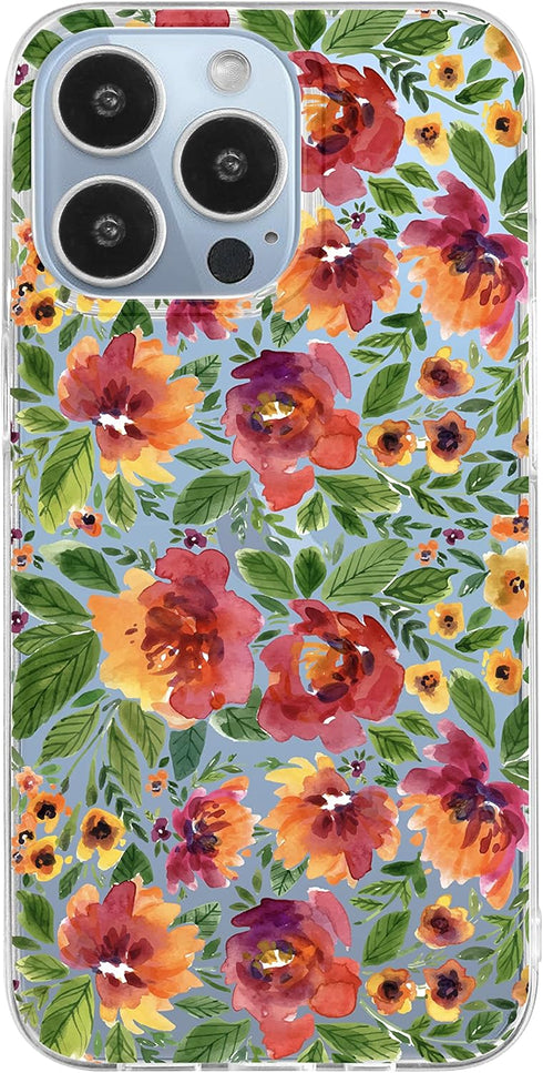 Blingy's for iPhone 13 Pro Case (6.1 inch), Cute Flower Style Pretty Artistic Floral Design Transparent Soft TPU Protective Clear Case (Fiery Flow...