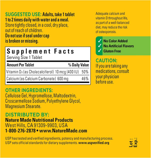 Nature Made Calcium 600 mg with Vitamin D3, Dietary Supplement for Bone Support, 60 Tablets...
