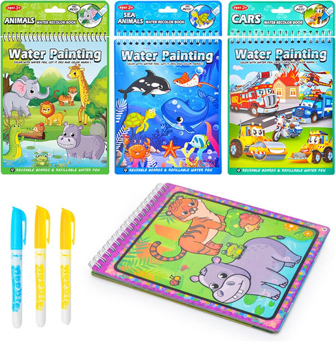 3 Pack Water Coloring Books for Toddlers, Reusable Paint with Water Books for Kids Ages 3-5, Water Painting Book Educational Learning Toddlers Tra...