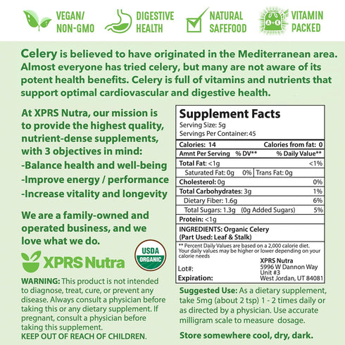 XPRS Nutra Organic Celery Powder - Celery Organic Fresh Powder Antioxidant - Premium Celery Powder Organic - Vegan Friendly Celery Fresh Powder (8...