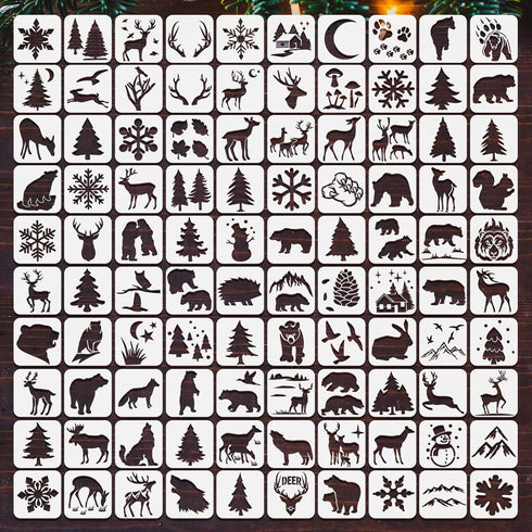 100 Pieces Winter Forest Stencil Template for Painting Reusable Drawing Stencils Animal Plant Stencil, Stencils for Painting on Wood Craft Supplie...