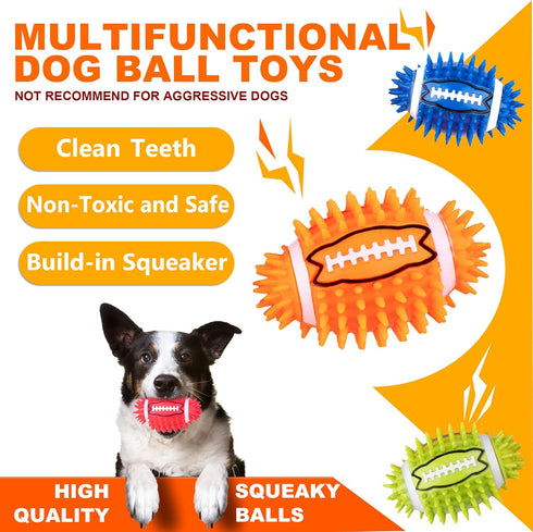 4.3” Dog Squeaky Ball Toys 4 Pack, Interactive and Durable Spiky Dog Toy for Medium Large Dogs with Rugby Shape, Built-in Squeaker for Teeth Clean...