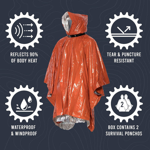Go Time Gear Emergency Survival Life Poncho 2 Pack - Thermal Use in Camping, Survival Gear - Includes Whistle & Paracord...