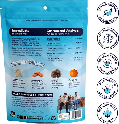 healthybud Mini Dog Training Treats - Beef Liver Soft Trainer Bites, 500+ Bits, 1 kCal per Bite, 6.5oz, Reishi, Lion’s Mane, Salmon Oil, Puppy Che...