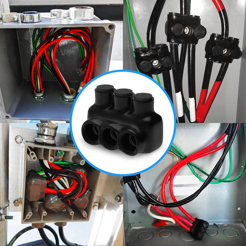 OHLECTRIC Black insulated Connector - Single Side Entry - 3 Port - 4-14" Wire Range - Slotted Hex Screw - Pre-Filled with Oxide Inhibitor - Rubber...