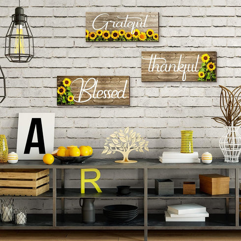 Nuanchu 3 Pcs Sunflower Thankful Grateful Blessed Wall Decor Art Signs Wooden Hanging Wall Plaques Sunflowers Prints Decor for Thanksgiving Bathro...