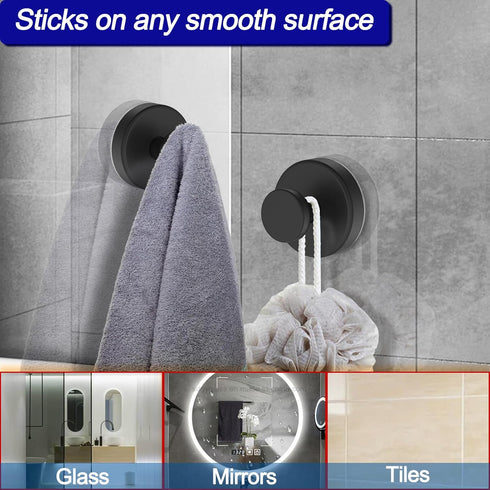 Suction Cup Hooks for Shower, Removable Towel Hooks for Bathroom Window Glass Door Wall, Bath Robe Looafh Hook for Hanging - 2 Pack, Black...