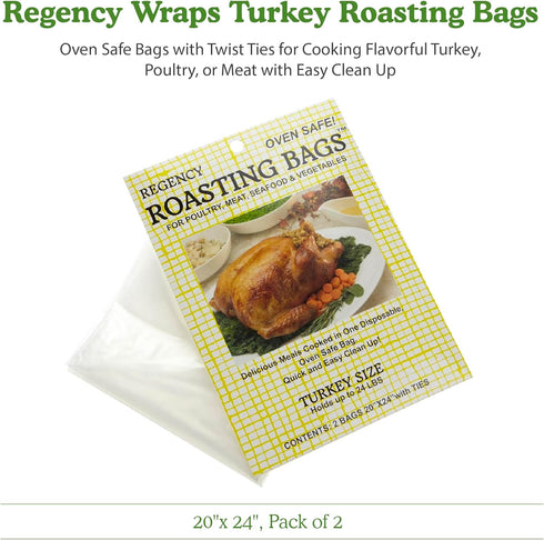 Regency Wraps Turkey Roasting Bags With Twist Ties, Oven Safe Bags for Cooking Flavorful Turkey, Poultry, or Meat with Easy Clean Up, Clear, 20" x...