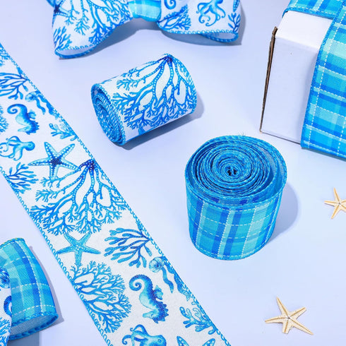 Whaline 2 Rolls Summer Wired Edge Ribbon 2.5 Inch Seahorse Starfish Coral Craft Ribbon Blue Ocean Sea Fabric Ribbon for Bow Wreath Craft Gift Wrap...