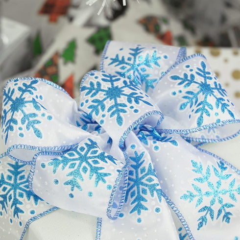MEEDEE Blue Snowflake Ribbon White Ribbon with Blue Glitter Snowflake Ribbon 2.5 Inch Christmas Wired Ribbon for Winter Holiday Decor, Christmas T...