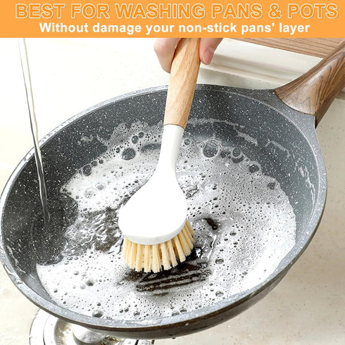 Kitchen Dish Brush Bamboo Handle Dish Scrubber Built-in Scraper, Scrub Brush for Pans, Pots, Kitchen Sink Cleaning, Dishwashing and Cleaning Brush...