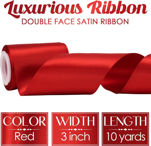 MEEDEE Red Satin Ribbon 3 Inch Wide Red Ribbon by 10 Yards Lux Satin Double Faced Satin Ribbon Red Christmas Ribbon Red Ribbon for Christmas Tree,...
