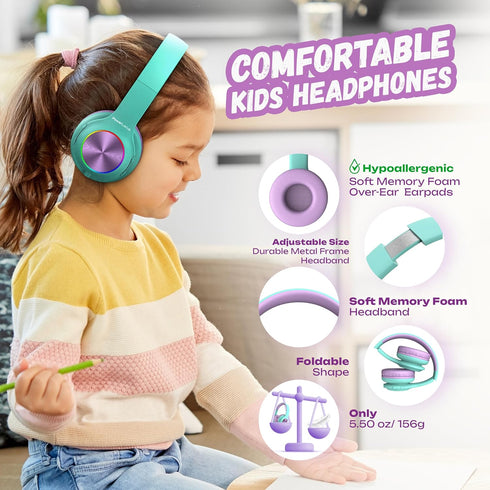 PowerLocus PLED Kids Bluetooth Headphones, Kids Wireless Headphones with LED Lights, 74/85/94dB Safe Volume, Micro SD, AUX Cable, Hi-Fi Stereo, Bu...