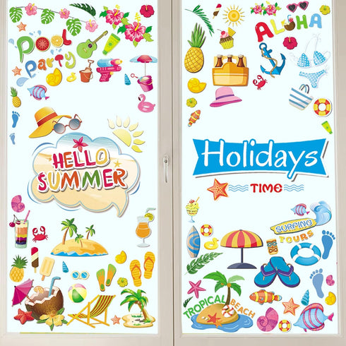 Summer Window Decals Removable Beach Window Stickers Summertime Gel Window Clings Double Sided Printed for Glass Window Decorations...