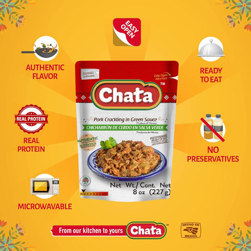 Chata Pork Crackling Salsa Verde Pouch | Tasty Pork in Flavorful Green Sauce | Ready-to-Eat | No Gluten + Preservatives | Keto Friendly | 8 Ounce ...