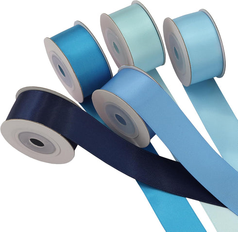 Double Face Blue Satin Ribbon for Gift Wrapping Wedding Gift Ribbon Baby Shower Boy 6 Colors Satin Ribbon 1" X 5 Yard Each Total 30 Yds Per Packag...