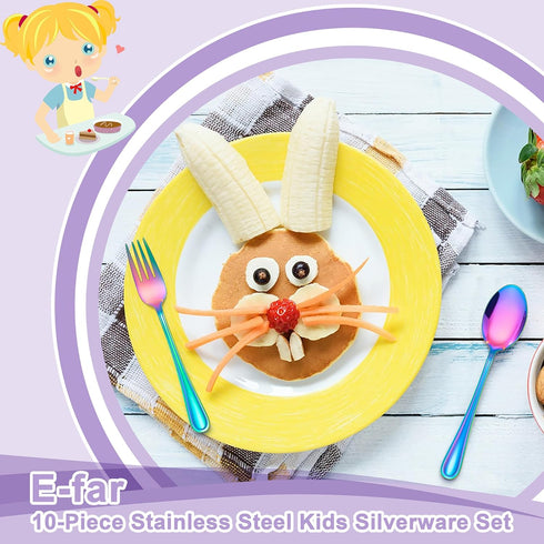 E-far 10-Piece Rainbow Toddler Utensils, Kid Stainless Steel Silverware Set, Children Safe Forks and Spoons Set for Self Feeding, Healthy & Non-To...