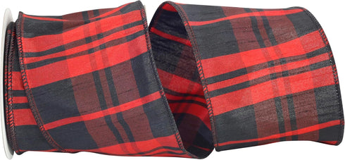 Reliant Ribbon Cabin Dupioni Buffalo Plaid Wired Edge Ribbon, 4 Inch X 10 Yards, Red/black...