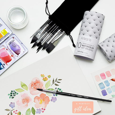 ARTEGRIA Watercolor Brush Set, 10 Professional Soft Synthetic Squirrel Paint Brushes, Including Pointed Rounds, Flats, Dagger, Oval Wash...