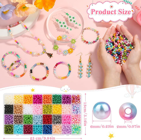 Pearl Beads for Jewelry Making, 32Colors Round Pearls Beads with Holes, 2000Pcs 6MM Handcrafted Colorful Loose Spacer Beads Small Filler Beads for...