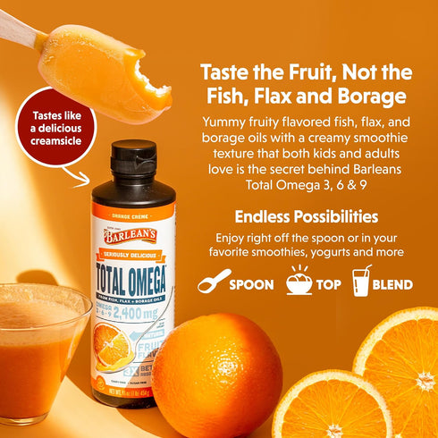 Barlean's Total Omega 3 6 9 Orange Crème Liquid Fish Oil Supplement with Borage and Flaxseed Oil, 2,400 mg of Omegas EPA and DHA Plus GLA for Join...
