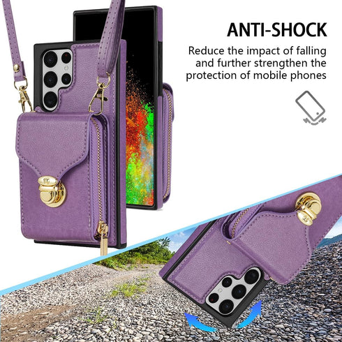 Compatible with Samsung Galaxy S21 Ultra 5G Wallet Case Crossbody Strap Leather Zipper Credit Card Holder Clasp Stand Cell Accessories Phone Cover...